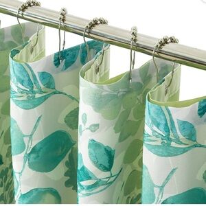 Mainstays Shower Curtain & Shower Hooks Silver Beads Teal White Bathroom Set
